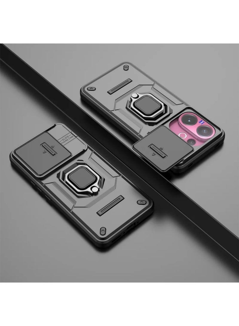 X-level Case Cover for VIVO V60 5G, Camouflage Military Grade Heavy Duty Shockproof Protection Case with Magnetic Bracket and Lens Slide Window Phone Cover (Black) - Image 2