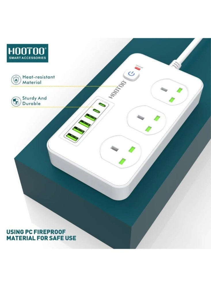 HooToo Power strip with 2 USB-C PD chargers – Power socket with 4 USB ports (including USB-C PD), 5-meter cable, 3000W capacity, high heat resistance, and safety switch – White color. Electric extension – Power strip – 3-prong socket – Multi-outlet extension – Smart socket – Charging cable – USB power extension. - Image 2