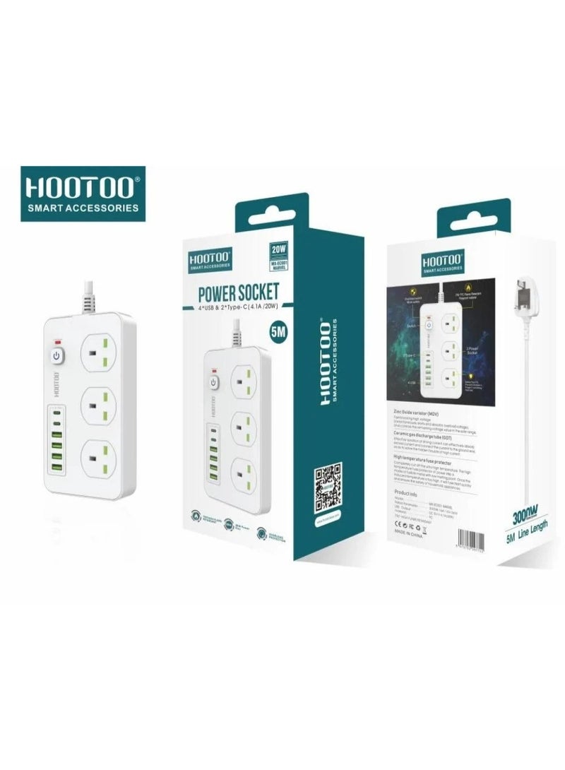 HooToo Power strip with 2 USB-C PD chargers – Power socket with 4 USB ports (including USB-C PD), 5-meter cable, 3000W capacity, high heat resistance, and safety switch – White color. Electric extension – Power strip – 3-prong socket – Multi-outlet extension – Smart socket – Charging cable – USB power extension. - Image 1