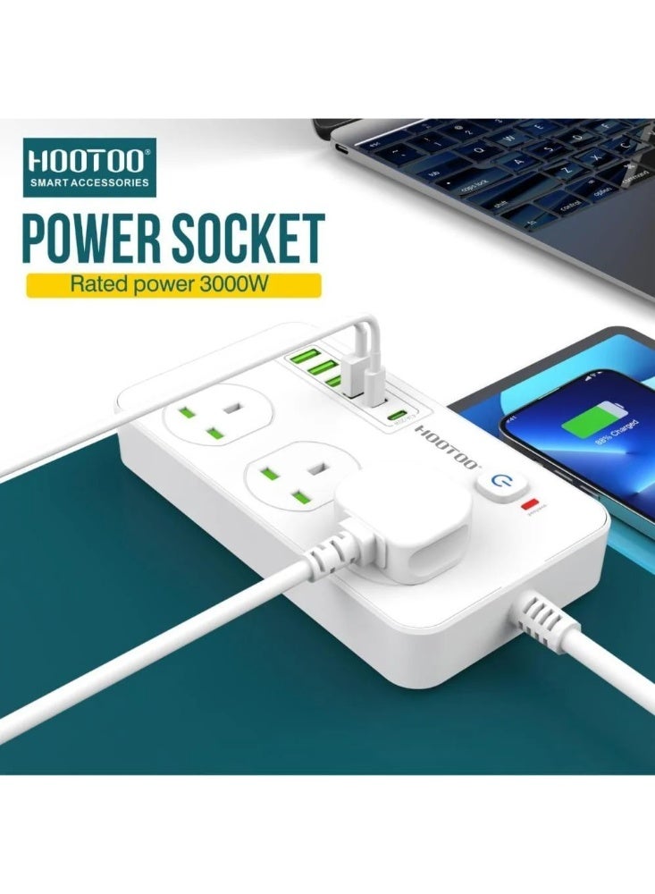 HooToo Power strip with 2 USB-C PD chargers – Power socket with 4 USB ports (including USB-C PD), 5-meter cable, 3000W capacity, high heat resistance, and safety switch – White color. Electric extension – Power strip – 3-prong socket – Multi-outlet extension – Smart socket – Charging cable – USB power extension. - Image 3
