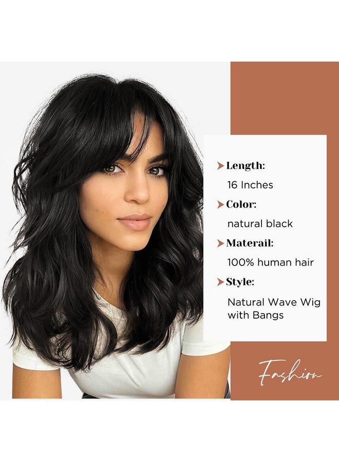 WIGER Natural Wavy Human Hair Wigs With Bangs Black Loose Wave Wigs For Black Women None Lace Front Wigs Brazilian Virgin Human Hair Glueless Loose Curly Wig For Daily (16 Inches) - Image 2
