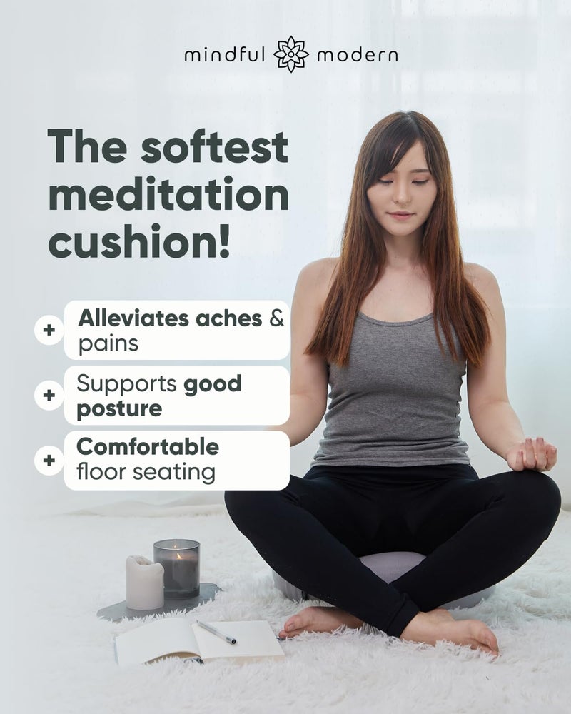 Mindful Modern Mindful & Modern Large Meditation Cushion | Zafu Yoga Bolster Meditation Floor Pillow Seat | Buckwheat Hull Filled Crescent Shaped Cushion with Removable Washable Cover + Carry Handle | Grey - Image 2