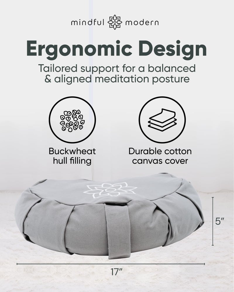 Mindful Modern Mindful & Modern Large Meditation Cushion | Zafu Yoga Bolster Meditation Floor Pillow Seat | Buckwheat Hull Filled Crescent Shaped Cushion with Removable Washable Cover + Carry Handle | Grey - Image 3