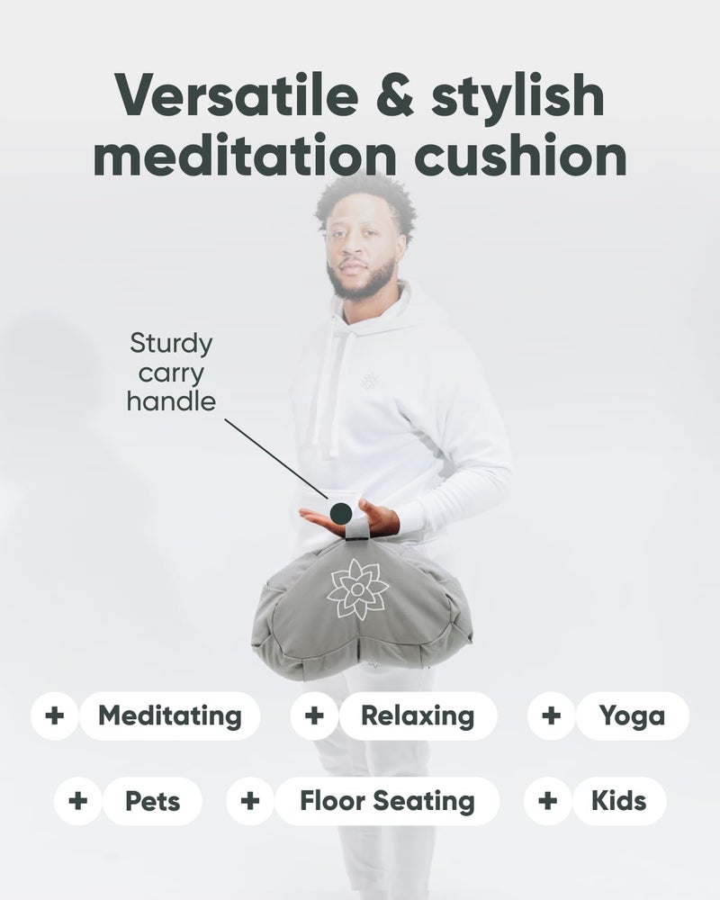Mindful Modern Mindful & Modern Large Meditation Cushion | Zafu Yoga Bolster Meditation Floor Pillow Seat | Buckwheat Hull Filled Crescent Shaped Cushion with Removable Washable Cover + Carry Handle | Grey - Image 5