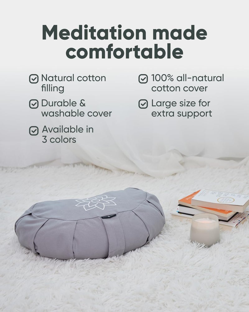 Mindful Modern Mindful & Modern Large Meditation Cushion | Zafu Yoga Bolster Meditation Floor Pillow Seat | Buckwheat Hull Filled Crescent Shaped Cushion with Removable Washable Cover + Carry Handle | Grey - Image 4