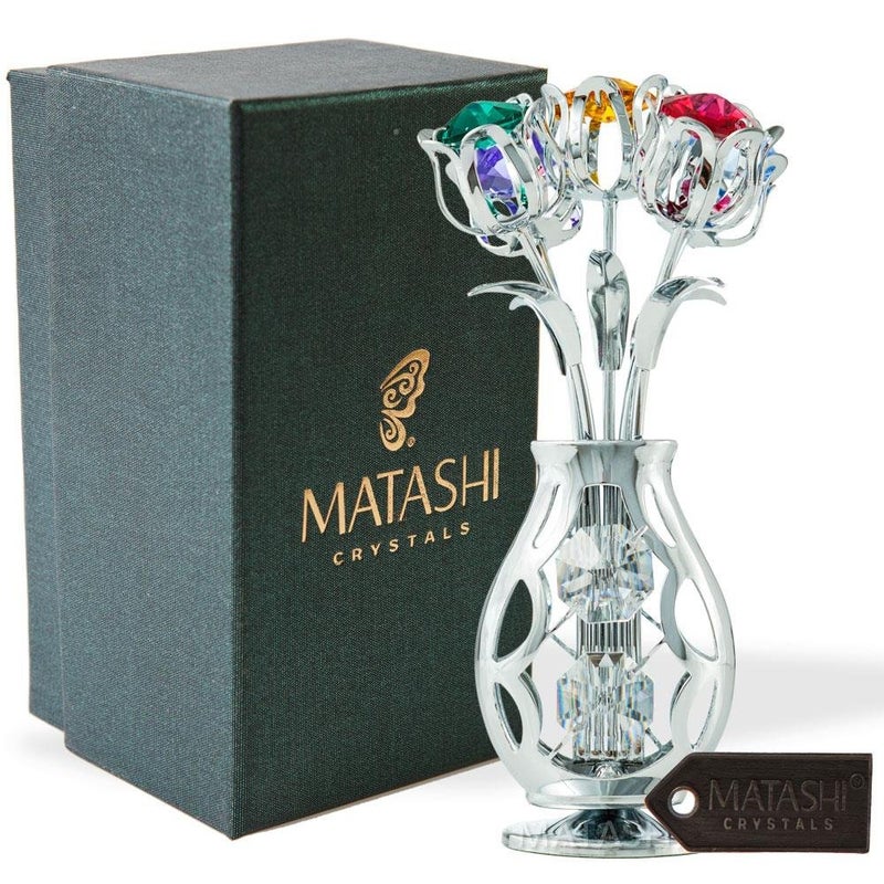 Matashi Chrome Plated Flowers Bouquet and Vase Ornament with Colorful Crystals Home Decorative Tabletop Showpiece for Living Room Bedroom Gift for Christmas Valentine's Day Mother's Day Birthday - Image 2