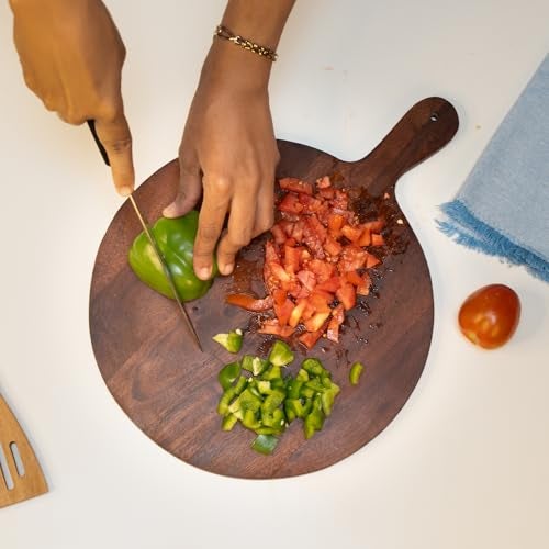 UrbanFix Acacia Wooden Round Chopping, Serving and Cutting Board, Plate for Pizza, Vegetables, Fruits and Cheese |Natural Acacia Wood | Handcrafted | Made in India | Charcuterie Board Platter Set - Image 3