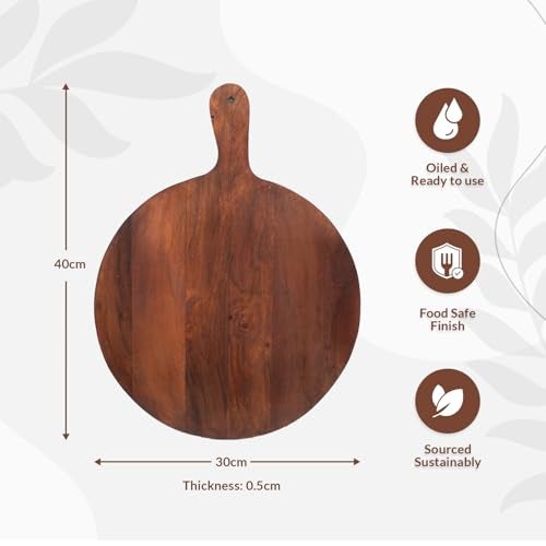 UrbanFix Acacia Wooden Round Chopping, Serving and Cutting Board, Plate for Pizza, Vegetables, Fruits and Cheese |Natural Acacia Wood | Handcrafted | Made in India | Charcuterie Board Platter Set - Image 2