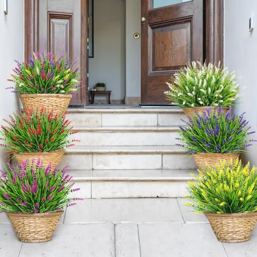 Bassion Artificial Flowers for Outdoors, 24 Bundles Fake Lavender Flowers UV Resistant Mixed Color Plastic Plants Faux Monkey Grass for Home Porch Garden Window Box Indoor Outdoor Decorations - Image 3