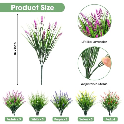 Bassion Artificial Flowers for Outdoors, 24 Bundles Fake Lavender Flowers UV Resistant Mixed Color Plastic Plants Faux Monkey Grass for Home Porch Garden Window Box Indoor Outdoor Decorations - Image 2