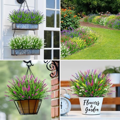 Bassion Artificial Flowers for Outdoors, 24 Bundles Fake Lavender Flowers UV Resistant Mixed Color Plastic Plants Faux Monkey Grass for Home Porch Garden Window Box Indoor Outdoor Decorations - Image 4