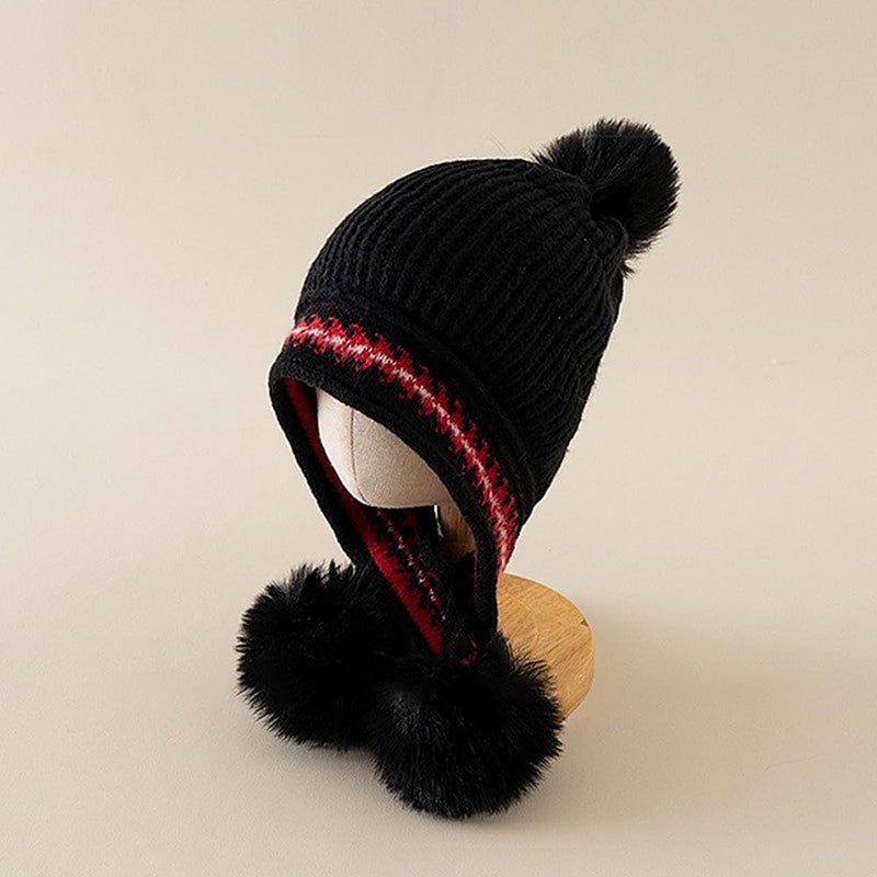 XYX Winter Warm Elastic Soft Ear Protection Knitted Sherpa Ski Hats Fleece Lined Peruvian Cover Ears Beanie Hat (US, Alpha, One Size, H1-Black) - Image 3