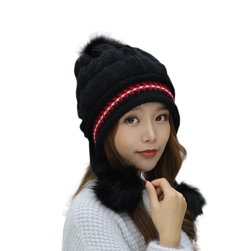 XYX Winter Warm Elastic Soft Ear Protection Knitted Sherpa Ski Hats Fleece Lined Peruvian Cover Ears Beanie Hat (US, Alpha, One Size, H1-Black) - Image 1