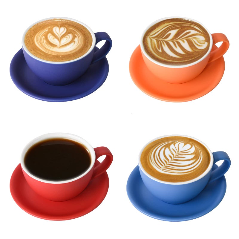 Yundu Ceramics Latte Cup and Saucer  10 oz for CappuccinoTeaCafe Mocha Set of 4Matte Mixed Color