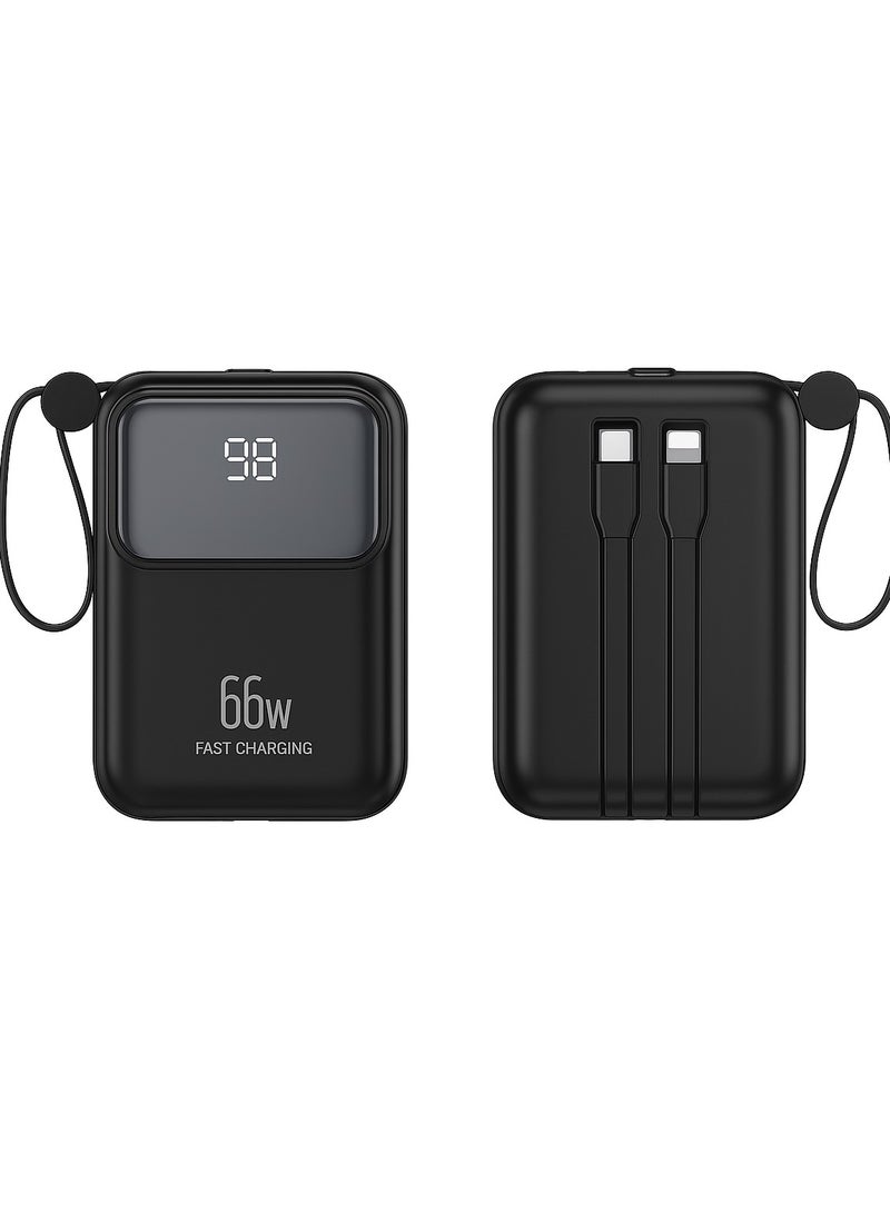 CareTick Mini Power Bank pocket size 10000mah power bank wireless power bank 66W fast charging 2.1A Built in 2 Cables Portable Charger External Battery Pack For Phone (BLACK) - Image 1