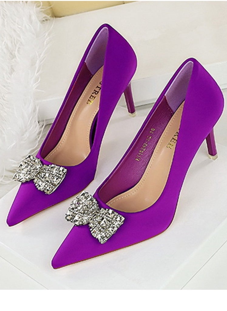 BIGTREE Women's Satin Closed Pointed Toe Stiletto Pump Rhinestone Bowknot Decoration High Heels Purple 7.5 CM  - Image 1