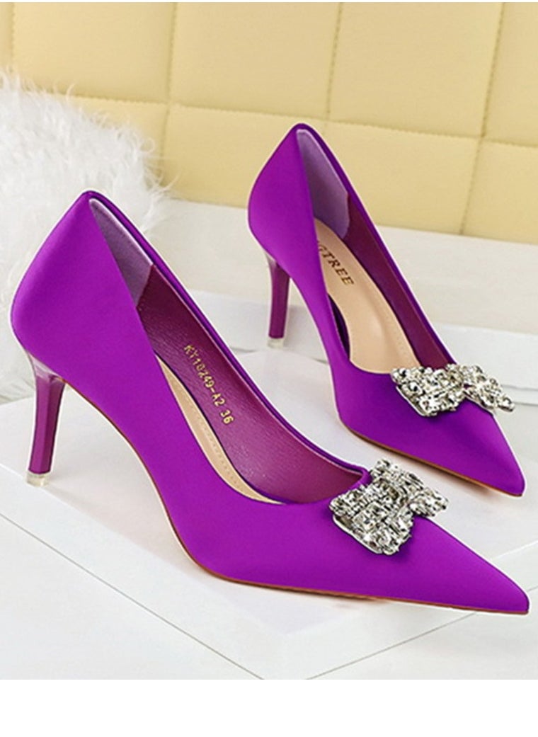 BIGTREE Women's Satin Closed Pointed Toe Stiletto Pump Rhinestone Bowknot Decoration High Heels Purple 7.5 CM  - Image 2