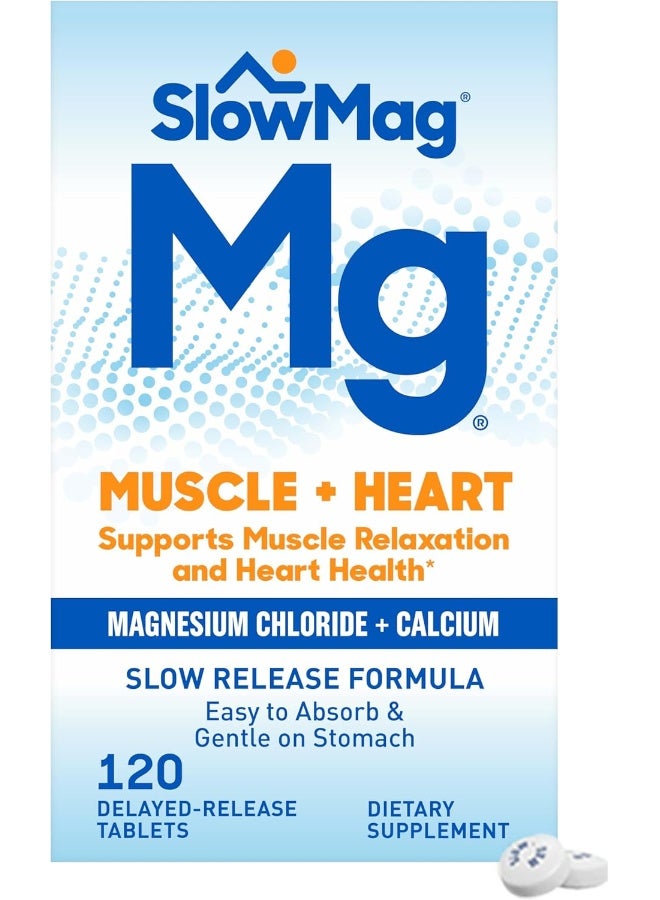 مكمل كلوريد المغنيسيوم مع الكالسيوم SlowMag Mg Muscle + Heart، 120 قرصًا - Image 1
