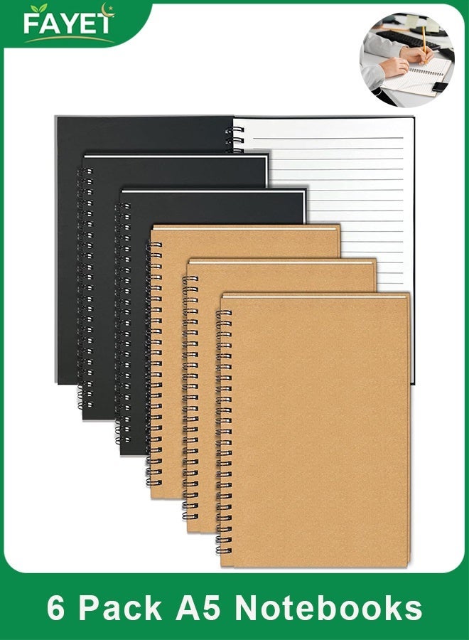 6-Pack A5 Kraft Spiral Notebooks, Lined Pages, Plain Black and Brown Covers, Inspirational DIY Journals for School, Office, Writing & Gifts