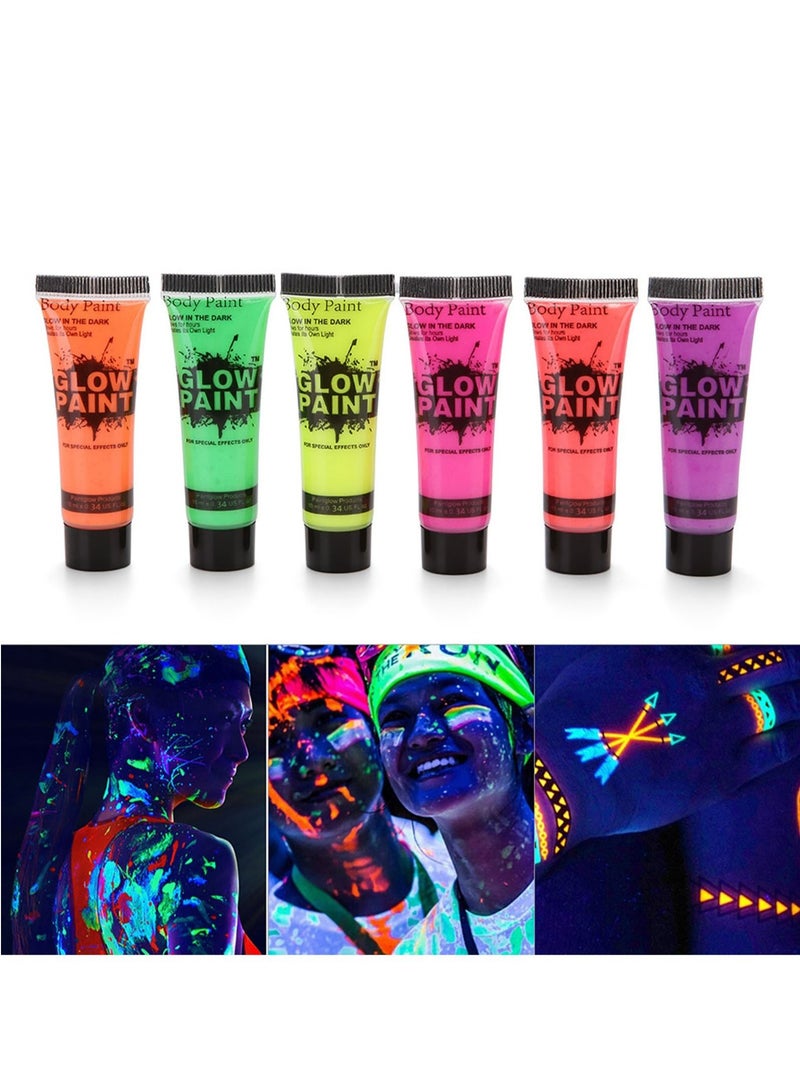 6 Tubes 10ml/0.34oz Art Body Paint Glow in UV Light Face & Body Paint with 6 Colors Glow Blacklight Neon Fluorescent for Party Clubbing Festival  Makeup - Image 1
