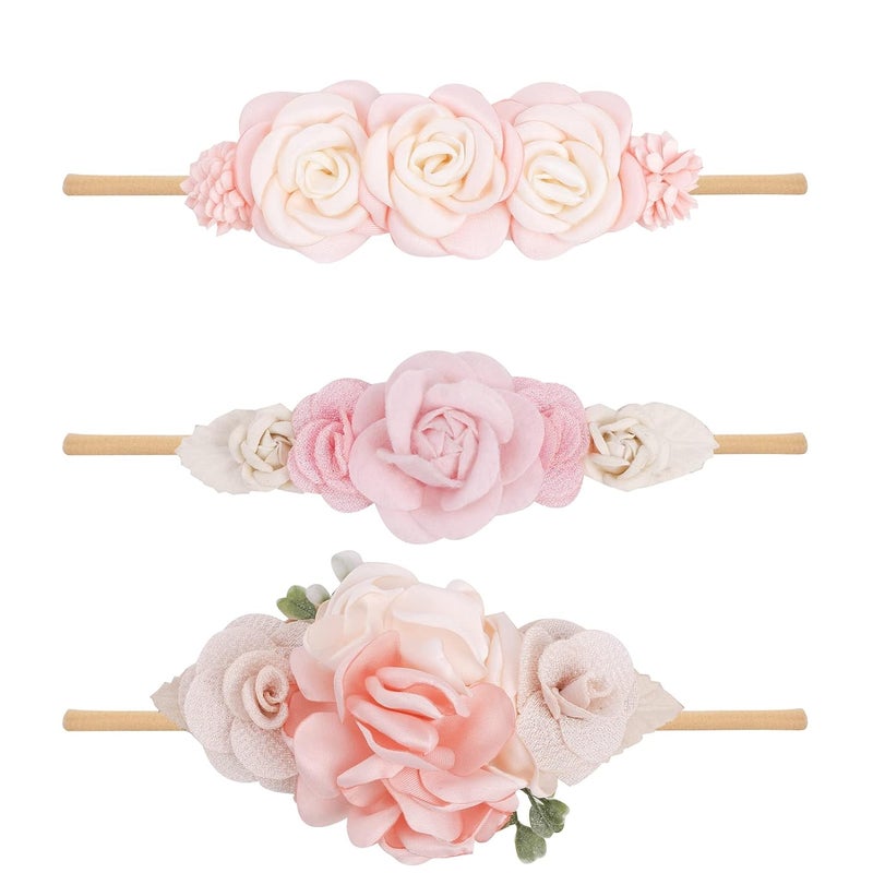 mligril Baby Girl Nylon Headbands Flower Hair Bows Accessories-Elastic Hair Band Crown Handmade FLoral Wraps Birthday Gifts for Girls Newborn Infant Toddler 3Pcs - Image 1