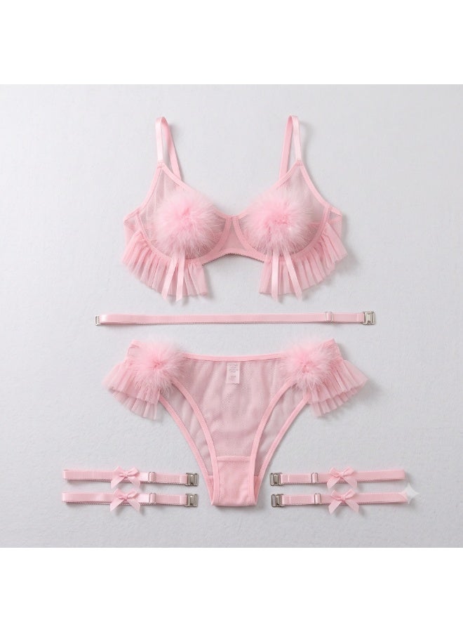 Women’s 3-Piece Lingerie Set with Soft Ruffle Details – Pink – Code 892 - Image 1