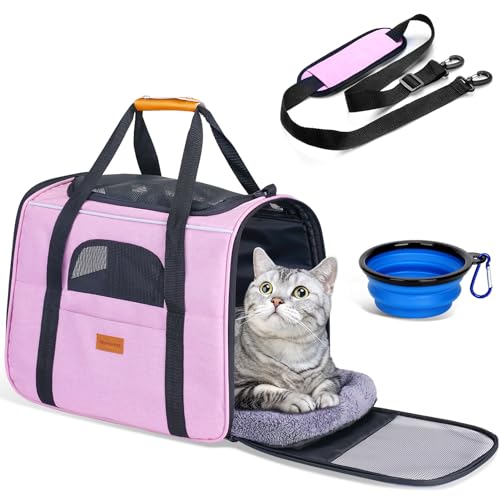 Morpilot Portable Cat Carrier Soft Sided Cat Carrier for Medium Cats and Puppy up to 15lbs Pet Carrier with Locking Safety Zippers Foldable Bowl Airline Approved Travel Dog Carrier Pink