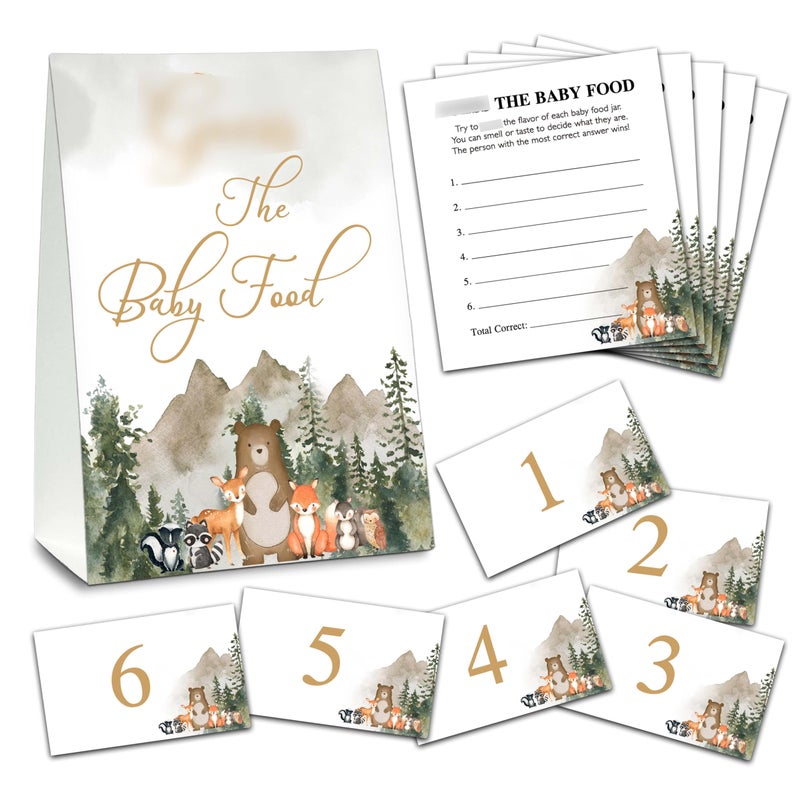 Chuxvon Find the Baby Food Party Games, Woodland Baby Shower Game Set (1 Standing Sign + 20 Answer Cards + 6 Number Cards), Safari Animals Name the Baby Food Game, Baby Shower Favors Decorations(02) - Image 1