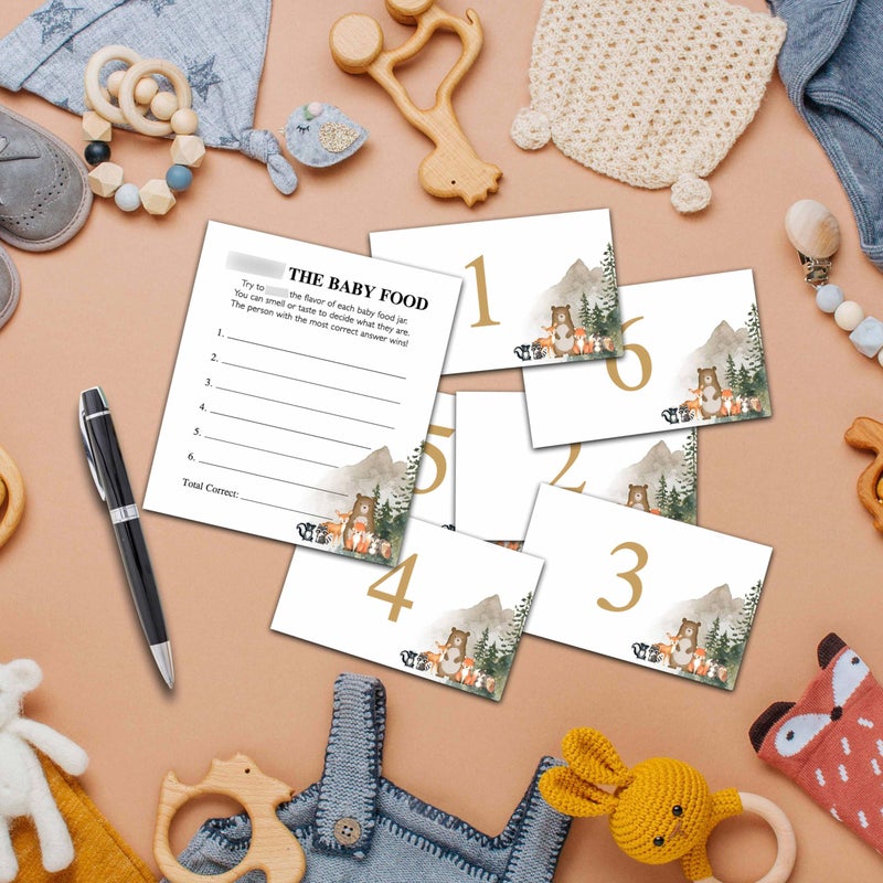 Chuxvon Find the Baby Food Party Games, Woodland Baby Shower Game Set (1 Standing Sign + 20 Answer Cards + 6 Number Cards), Safari Animals Name the Baby Food Game, Baby Shower Favors Decorations(02) - Image 3