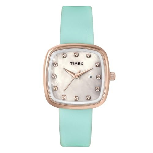 TIMEX ساعة تيمكس التناظرية للنساء مع قرص مربع أبيض وحزام جلدي أزرق مقاوم للماء - TWEL20600 - Image 1