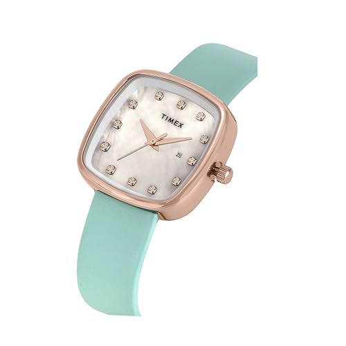 TIMEX ساعة تيمكس التناظرية للنساء مع قرص مربع أبيض وحزام جلدي أزرق مقاوم للماء - TWEL20600 - Image 2
