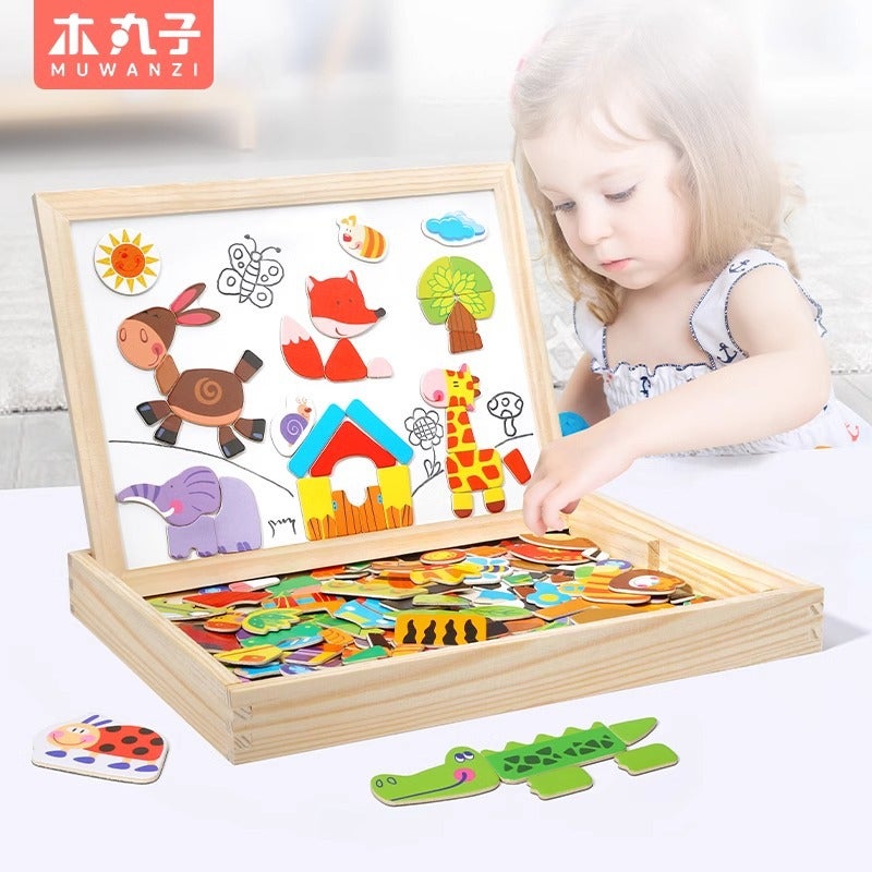 Children'S Puzzle Multifunctional Double-Sided Magnetic Puzzle Drawing Board Wooden Animal Scene Puzzle Toy 4-6 - Image 5