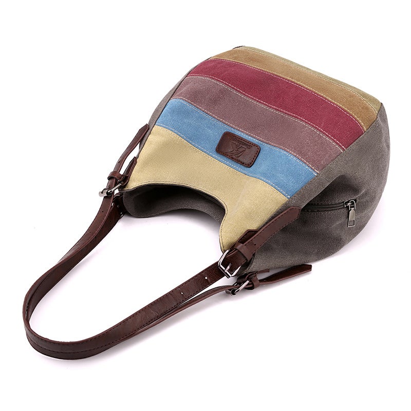 Canvas Women'S Bag Retro Shoulder Bag Women'S Large Bag Multi-Pocket Messenger Bag Contrast Color Stitching Cloth Bag Striped Women'S Bag - Image 5