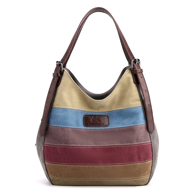 Canvas Women'S Bag Retro Shoulder Bag Women'S Large Bag Multi-Pocket Messenger Bag Contrast Color Stitching Cloth Bag Striped Women'S Bag - Image 2
