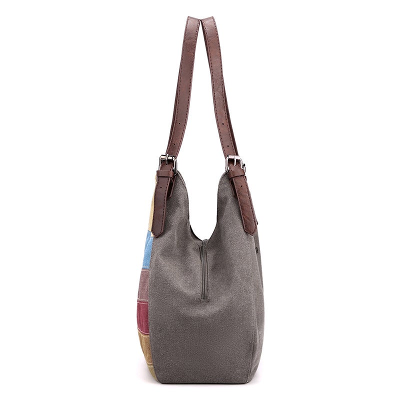 Canvas Women'S Bag Retro Shoulder Bag Women'S Large Bag Multi-Pocket Messenger Bag Contrast Color Stitching Cloth Bag Striped Women'S Bag - Image 4