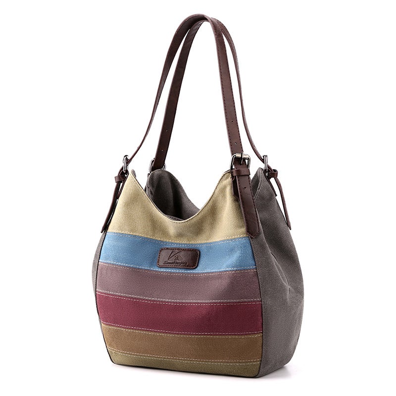 Canvas Women'S Bag Retro Shoulder Bag Women'S Large Bag Multi-Pocket Messenger Bag Contrast Color Stitching Cloth Bag Striped Women'S Bag - Image 3
