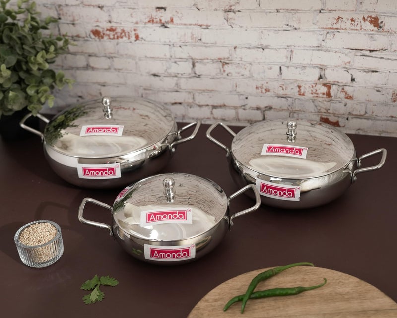 Amanda Premium Stainless Steel Handi Set with Lids (550ML, 950ML, 1550ML) & 4-Piece Serving Spoon Set | Durable, Rust-Resistant, Riveted Handles | Ideal for Cooking & Serving - Image 3