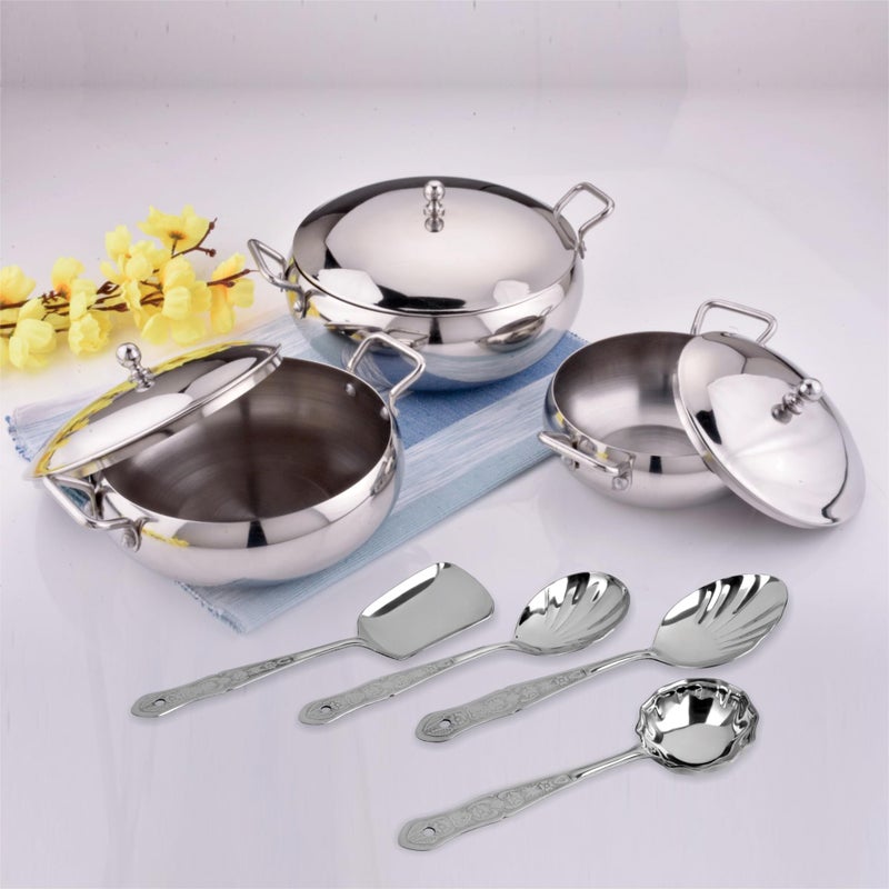 Amanda Premium Stainless Steel Handi Set with Lids (550ML, 950ML, 1550ML) & 4-Piece Serving Spoon Set | Durable, Rust-Resistant, Riveted Handles | Ideal for Cooking & Serving - Image 1