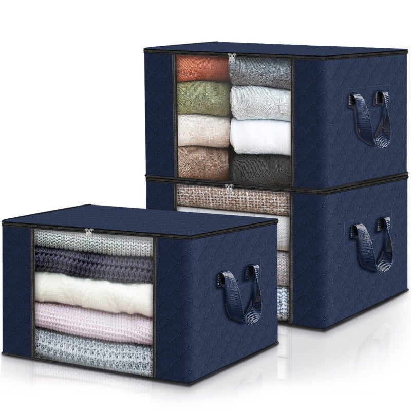 Fab totes Fab totes 3 Pack Clothes Storage Foldable Thick Fabric Blanket Storage Bags Containers for Organizing Bedroom Closet Clothing ComforterCloset Organization with HandleBlue 