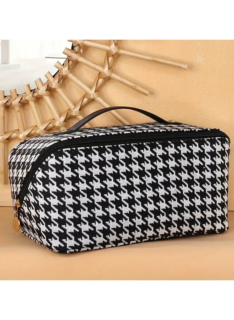 Travel Cosmetic Bag With Handle And Divider, Houndstooth Pattern Flat Lay Makeup Organizer Bag, Portable Toiletry Bag, Makeup Storage Bag For Women
