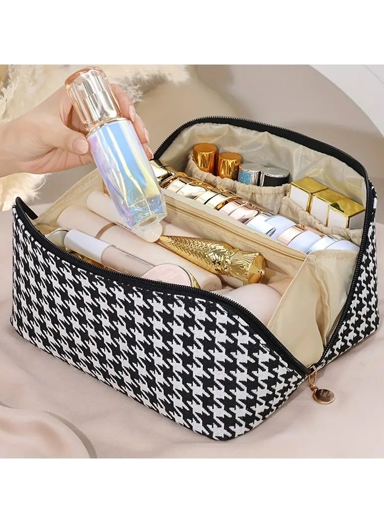Travel Cosmetic Bag With Handle And Divider, Houndstooth Pattern Flat Lay Makeup Organizer Bag, Portable Toiletry Bag, Makeup Storage Bag For Women