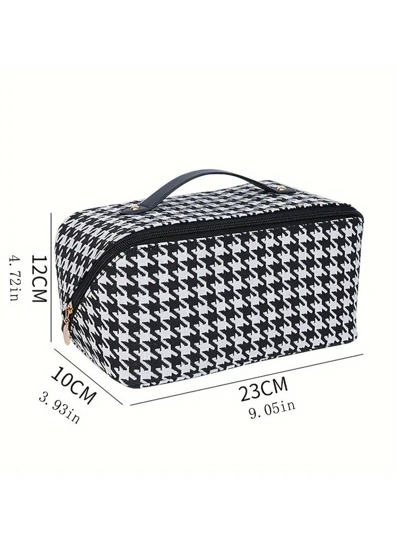 Travel Cosmetic Bag With Handle And Divider, Houndstooth Pattern Flat Lay Makeup Organizer Bag, Portable Toiletry Bag, Makeup Storage Bag For Women