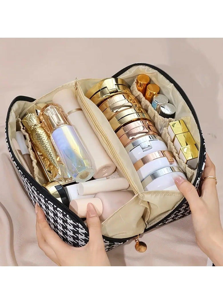Travel Cosmetic Bag With Handle And Divider, Houndstooth Pattern Flat Lay Makeup Organizer Bag, Portable Toiletry Bag, Makeup Storage Bag For Women