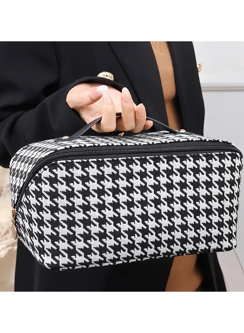 Travel Cosmetic Bag With Handle And Divider, Houndstooth Pattern Flat Lay Makeup Organizer Bag, Portable Toiletry Bag, Makeup Storage Bag For Women