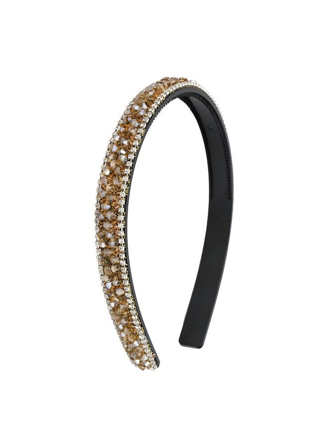 Loquat Champagne Rhinestone Headband Women Comb Headband With Teeth Bling Sparkly Beaded Headband Non Slip Fashion Hair Band Birthday Holiday Homecoming Hair Accessories For Women Girls Gifts - Image 1