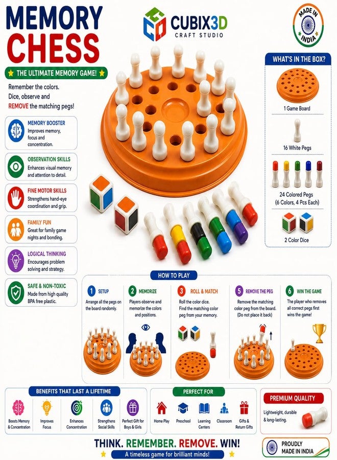 CUBIX3D Memory Chess Board Game for Kids & Family | Educational Color Matching & Memory Training Game | Brain Boosting Strategy Toy for Concentration, Logic & Cognitive Skill Development - Image 2