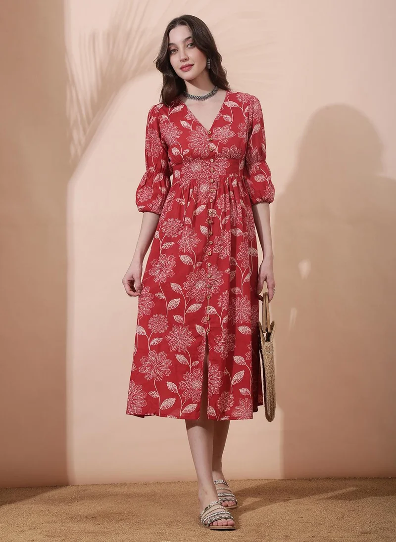 جلو باص Globus Women Red Floral Print Button Detail Ethnic Dress with V Neck and Bishop Sleeves
