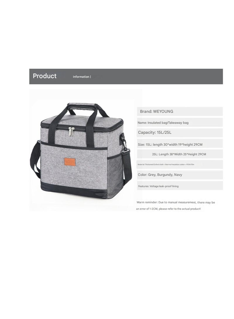 Outdoor 15L Cooler Bag Insulated Handbag Picnic bag Reusable Waterproof Oxford Ice Refrigerated Lightweight Fresh-keeping for Men Women Picnic/BBQ/Beach/Lunch Grey  - Image 3