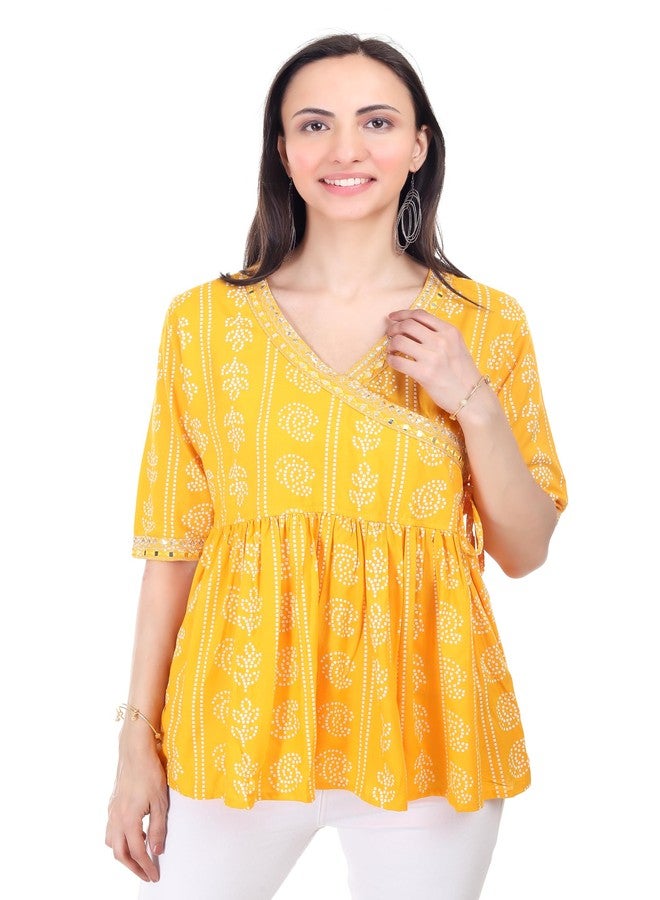 DONSON Jaipuri Cotton Rayon Women Tunic Top Elegant Short Kurti Hip Length AA28095 (Yellow) (XXL) - Image 2