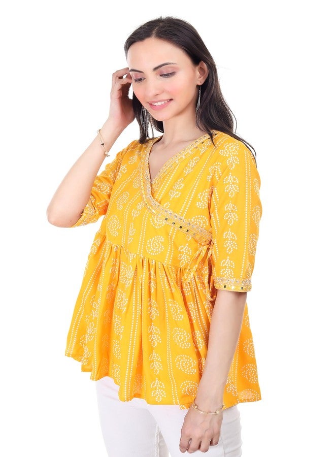 DONSON Jaipuri Cotton Rayon Women Tunic Top Elegant Short Kurti Hip Length AA28095 (Yellow) (XXL) - Image 3